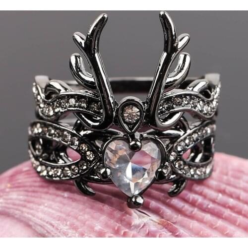 2 Pcs/Set Charm Animal Horn Black Deer Antler Rings for Women Girl Heart Crystal CZ Ring Punk Style Party Couple Jewelry Gifts