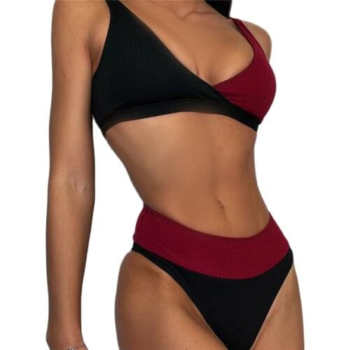 2021 New Swimsuit Splicing Color Contrast V-neck Sexy High Waist Bikini Set Swimsuit