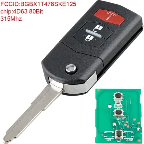 315MHz 2+1 Buttons Replacement Smart Remote Car Key Fob with 4D63 80Bit Blade BGBX1T478SKE125 Fit for Mazda 2 5 CX-7 CX-9