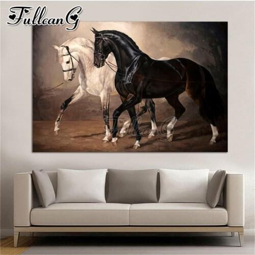 FULLCANG Black and white horse abstract animals diy full square round diamond painting 5d mosaic embroidery sale FC3210