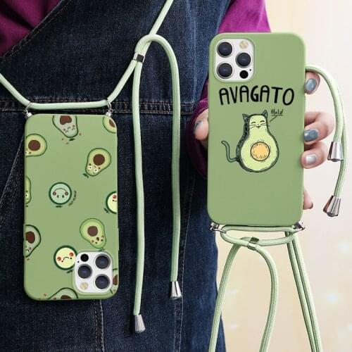Cute Avocado Necklace Strap Lanyard Cord Phone Case For iPhone 12 Mini 12Pro 11 Pro Max X XR XS Max SE 2020 6 7 8 Plus TPU Cover