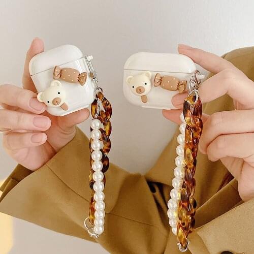 Cute Bear Candy Case for Apple Airpods 1 2 Case Luxury Amber Pearl Bracelet Chain Case for AirPods Pro Case Earphone Cover funda