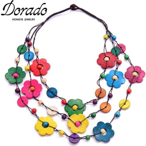Dorado Vintage Bohemian Multilayer Choker Necklace for Women Colorful Wood Flower Tassel Pendant Statement Collar Rope Chain