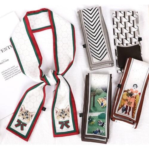Luxury Brand Cat Printed Scarf Women Silk Scarf Bag Skinny Scarves Wrist Towel Foulard Neckerchief Hairpin Headband For Ladies