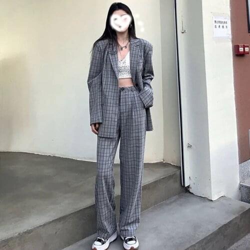 Hstar Pant Suits OL 2 Piece Sets Double Breasted Check Blazer Jacket & Zipper Plaid Trousers Suit For Women Feminino Spring