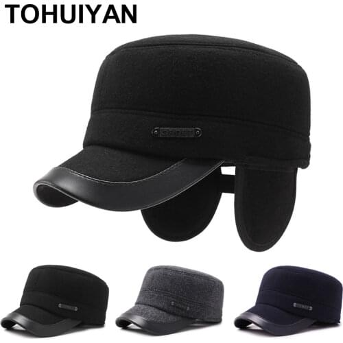 Top Level Earflap Military Hat for Men Vintage Flat Top Cap Thicken Woolen Winter Caps Male Cadet Army Hats Man Warm Caps Gorras
