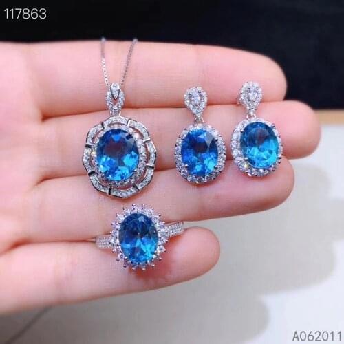 KJJEAXCMY fine jewelry natural blue topaz 925 sterling silver classic girl new gemstone pendant earrings ring set support test