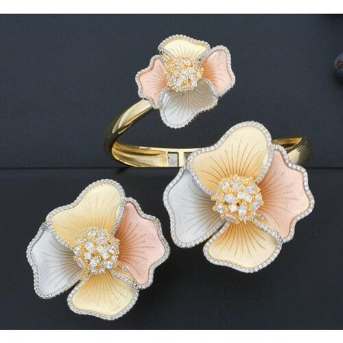 ModemAngel Luxury Flower Shape Newest 3 Tones Colors Zircon Jewelry Sets Ring And Bangle Set For Women Wedding