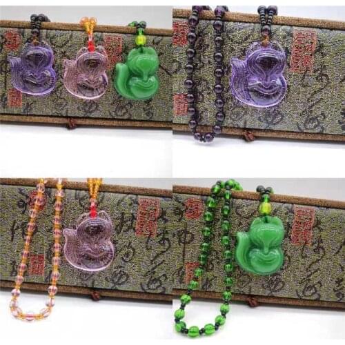 Obsidian Luck Transparent Fox Green Stone Beaded Necklace With Box Sweater Drop Pendant Best Quality For Men Women Jewelry Gifts
