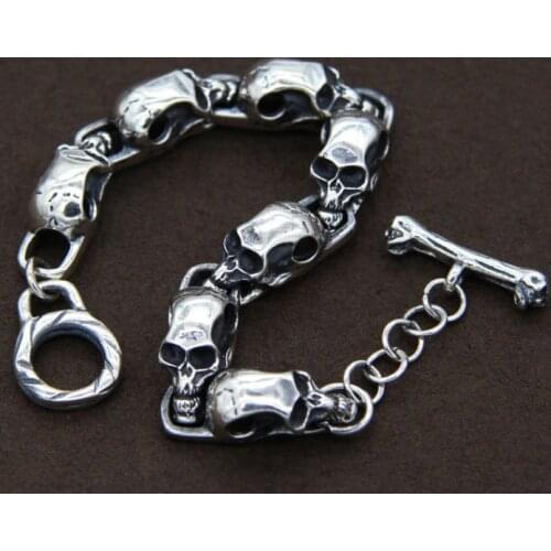 Solid 925 Sterling Silver skull link punk biker bangle bracelet jewelry 19.5cm A1594