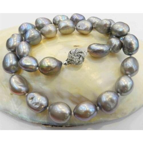 Wholesale LARGE 12-14MM SILVER GRAY REAL BAROQUE CULTURED PEARL NECKLACE 18KGP CRYSTAL AA