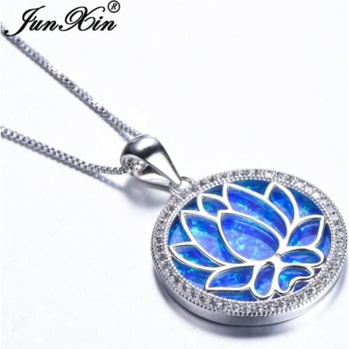 Elegant Lotus Flower Necklace Women Blue White Fire Opal Round Pendant Necklace Silver Color Fashion Wedding Engagement Jewelry