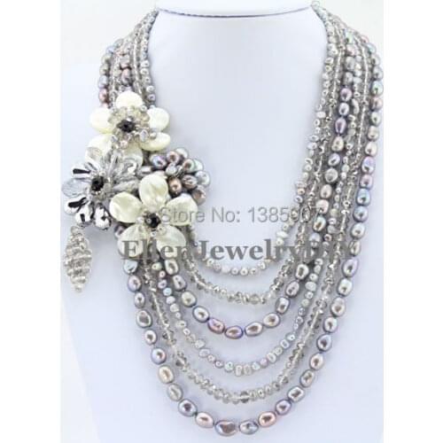 Fascinating 6 Rows Flower Freshwater Pearl Necklace Holiday Party Necklace Gift White Shell Necklace Crystal Necklace PL5016