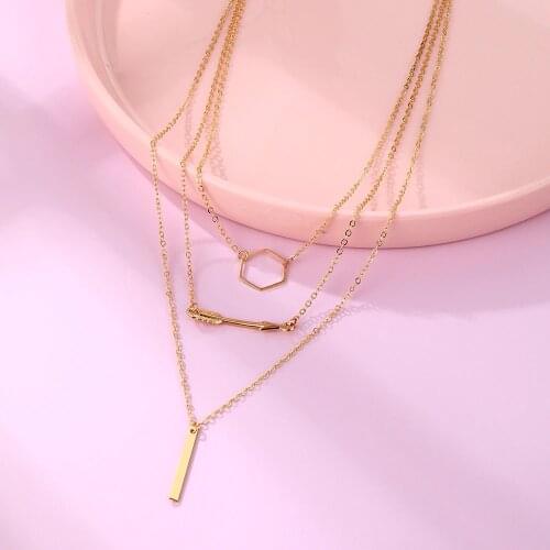 New Bohemia Hexagon Arrow Layered Necklace Gold Chain Alloy Chokers Necklaces for Women Statement Collar Femme Fashion Jewelry