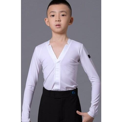 White Long-Sleeved Latin Dance Shirt For Boys Practice Clothes V-Neck Tops ChildrenS Competition Clothes Uniform Shirt DWY2869