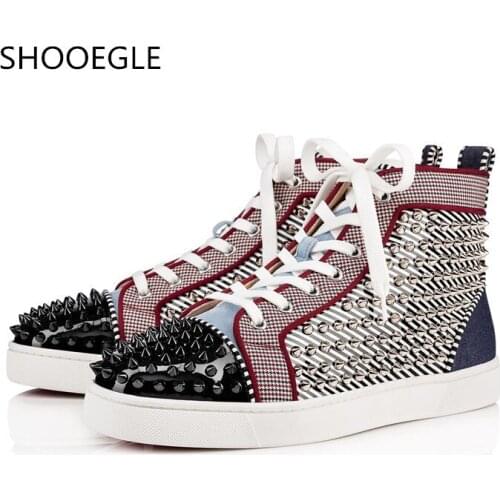 SHOOEGLE Big Size Euro38-47 Men Casual Shoes Hot Sale Rivets Spikes Men High Top Sneaker Shoes Lace-Up Fashion Show Trendy Shoes