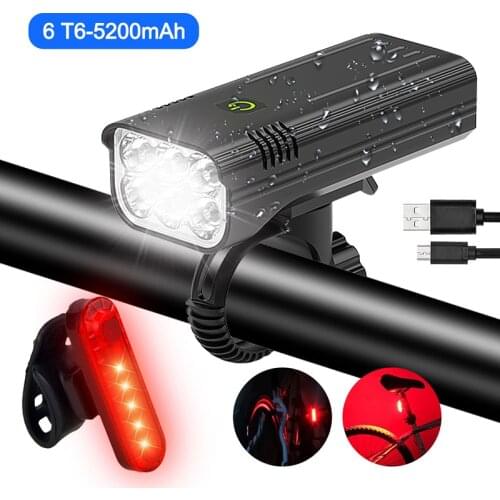 Waterproof 6*T6 LED Front Bike Light Power Digital Display USB Rechargeable 5200mAh Built-in Battery Night Safety Warning Lamp
