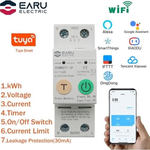 2P Tuya WiFi Smart Circuit Breaker Energy Power kWh Meter Time Timer Switch Relay Voltmeter Current Leakage Protection RCCB RCBO