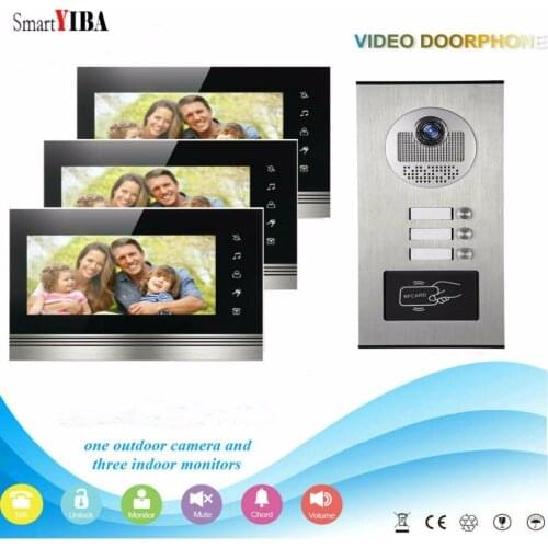 SmartYIBA Home 3 Apartment Wired Video Door Phone Intercom 7"Inch Monitor IR Camera Video Doorbell Intercom Kit Supprt RFID Card