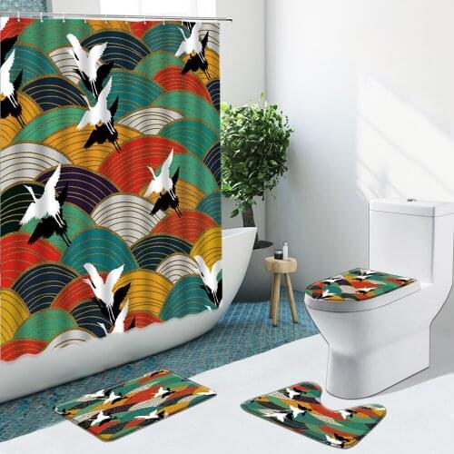Chinese Style White Crane Waves Cherry Blossom Bathroom Set Shower Curtain Non-Slip Rugs Flannel Toilet Carpet Cover With Hooks