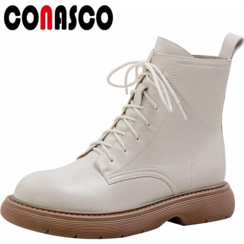 CONASCO Retro Rome Women Ankle Boots Autumn Winter Warm Cow Leather Party Basic Prom Office Boots Brand Concise Punk Shoes Woman