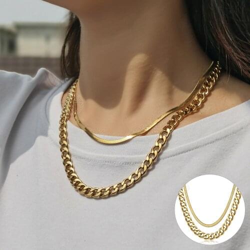 Women Girls Layered Necklace Gold Curb Link Herringbone Flat Snake Chain Fashion Punk Jewelry 2pcs DNF04