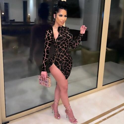 2021 Womens New Fashion Pure Color Fuzz Floral Zipper Sexy Open Fork Long Sleeve Short Temperament Leisure Dress