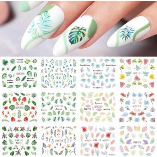 12Pcs/Set Green Leaf Nail Water Decals Geometry Floral Leaves Slider Nail Transfer Foils Spring Summer Nail Stickers Watermark
