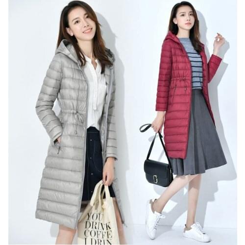 2020 Autumn Winter Light Thin Down Jackets Women Long Slim Hooded Coats Plus Size Warm Female White Duck Down Coats Parkas V807