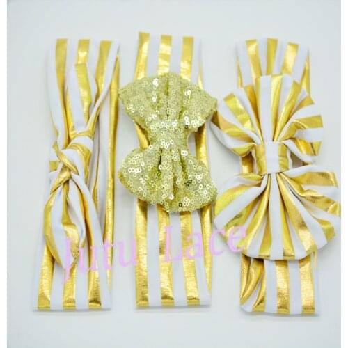 5sets /15pcs/ lot large bowknot headwrap ,shiny fabric rabbit ears headbands , sequin bow golden striped Headwraps