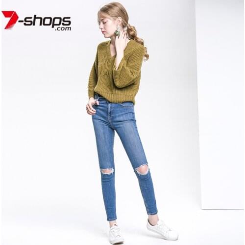 AECU Sale Women Sweater V-Neck Dropped Shoulders Wide Bat Long Sleeves Chunky Knit Jumper Female Sweater Jumper Ladies 2021