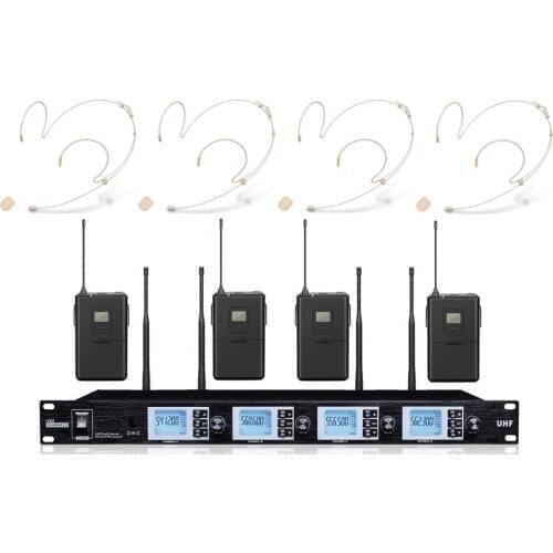 Bolymic 4 Channel Wireless Headset Microphone Quad UHF Cordless Mic Set 4 Headset Mics Selectable Frequency