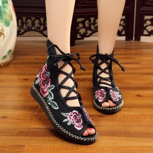 Comemore New Handmade High Top Women Canvas Flat Gladiator Sandals Peep Toe Summer Cotton Embroider Lace Up Shoes Sandials Mujer