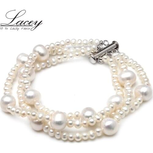 Fashion real natural freshwater pearl bracelet bangles,Three strands pearl bracelet jewelry for girlfriend custom made gift