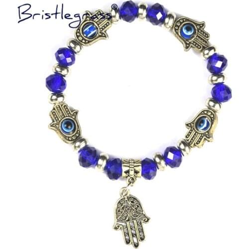 BRISTLEGRASS Turkish Evil Eye Hamsa Hand Blue Glass Beaded Strand Bracelet Amulet Lucky Charm Blessing Protection Gift for Women