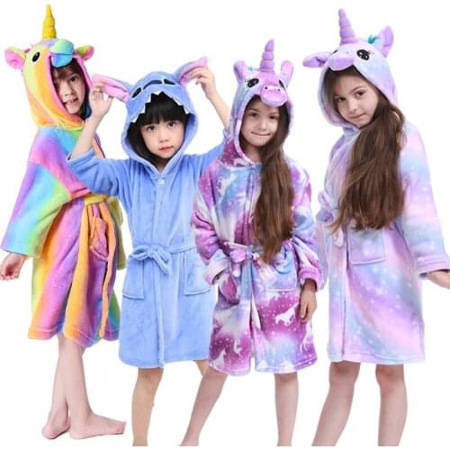 Unicorn Hooded Children Bathrobes Baby Stitch Bath Robe Winter Animal Cartoon Boys Girls Pajamas Nightgowns Kids Sleepwear 3-11Y