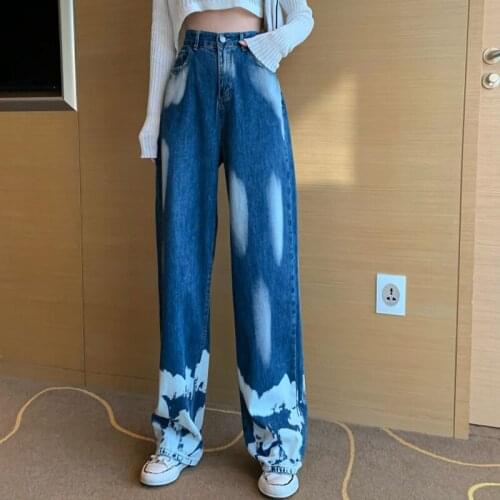New Autumn Casual Jeans Woman Long Trousers Cowboy Female Loose Streetwear Hit Color Tie Dye Wide Leg Pants Vintage Long Bottoms