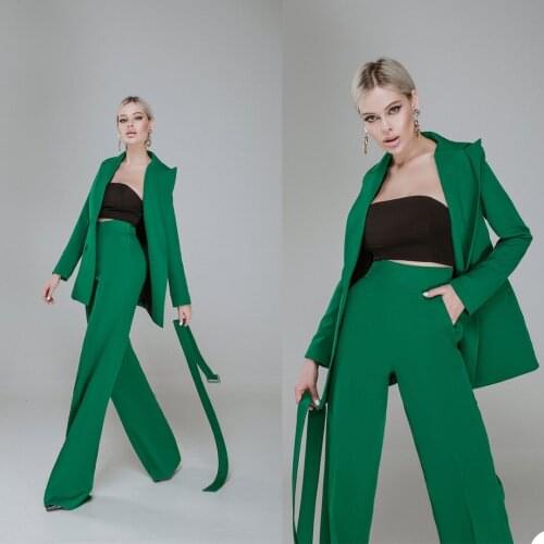 Elegant Fashion Blazer Suits Women Double Breasted Pocket Jacket Streetwear Office Lady Casual Daily Green Coat 2 Pieces Set