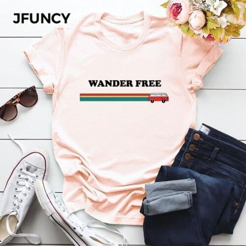 JFUNCY 100% Cotton Summer Woman T-shirts S-5XL Plus Size Women Tops New Wander Free Letter Print Tshirt Female Short Sleeve Tees