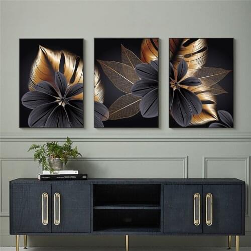 Nordic Black Golden Plant Leaf Canvas Painting Modern Abstract Wall Art Poster Print Pictures for Living Room Home Decor