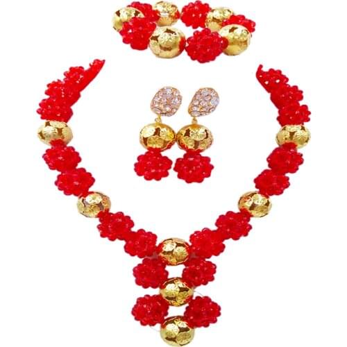 Red African Beads Jewelry Set Crystal Ball Beaded Necklace Bracelet Earrings Wedding Accessories Party Jewelry Sets 1SJQ05