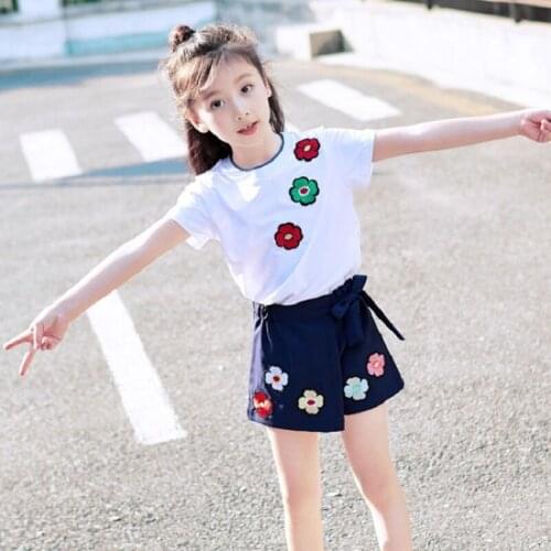 Two Pieces Girls Summer Dress Pant+ Flower Shirts 100% Cotton 2019 Toddler Baby Girls Clothes Children Tee+shorts Clothing Set