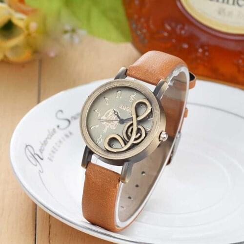Fashion Women Watches Elegant Musical Note Carving Decorate Leather Strap Wristwatch Ladies Casual Quartz Watch For Gift LXH