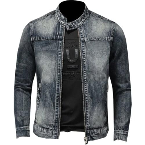Mens Cotton Denim Motorcycle Biker Jacket Men Casual Solid Color Stand Collar Zipper Jeans Coat High Quality Drop Shipping