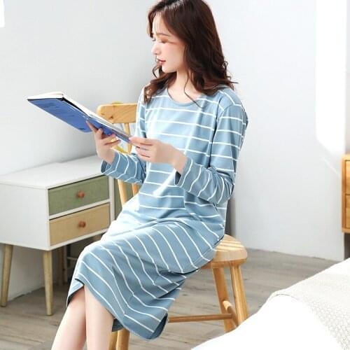 2021 New Spring and Autumn Nightdress Womens Stripe Large Size Long Sleeve Long Pregnant Womens Cotton Nightdress Home Wear