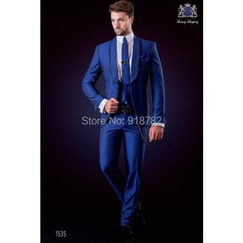 2017 New Arrival Royal Blue Tuxedos For Men Slim Fit Groom Wedding Suits For Men Groomsmen Prom Party Suit Jacket+pants+Vest+Tie