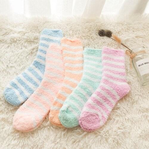 New Women Cozy Striped Socks Winter Warm Sleep Bed Socks Floor Home Fluffy Socks Coral Velvet Feet Warmer Christmas Gift Meias