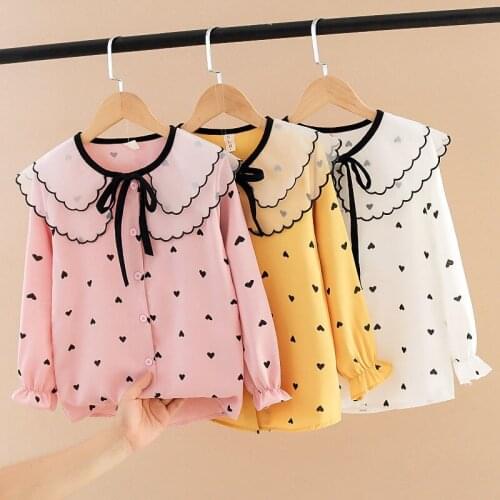 5-12Years GirlsShirts Doll Collar Female Baby Love Print Shirts ChildrenS Bow Spring Autumn Long-Sleeved Shirt Clothing