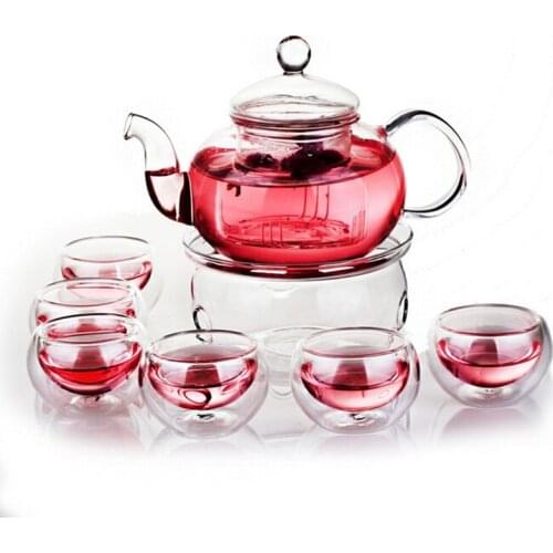 Hot Sale China Glass Tea set 1 Tea Set With 6 Double Wall Cups 600ml Heat-resistant Glass Teapot Drinkware Set
