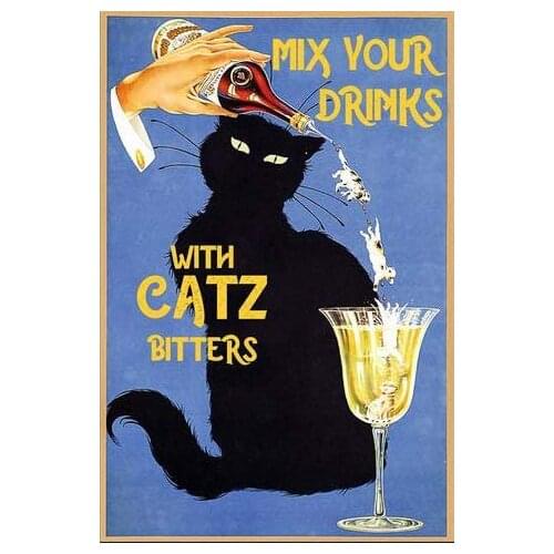 Mix Your Drinks with Cat Bitters Black Cat 8x12 Inch Metl Tin Sign Wall Decor Poster